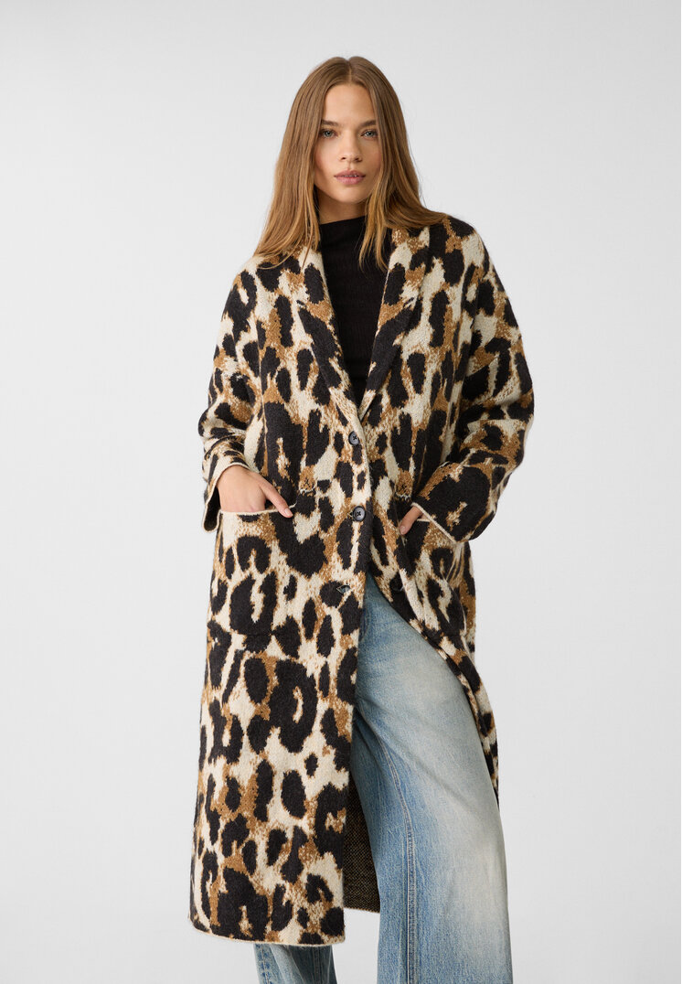 Stradivarius Jachetă Lungă Din Tricot Leopard Ocru Xs-S