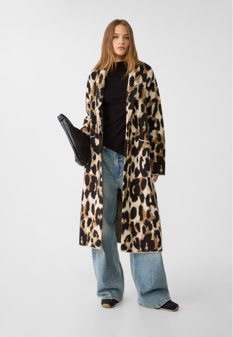 Stradivarius Long leopard print knit cardigan  Pale camel M-L