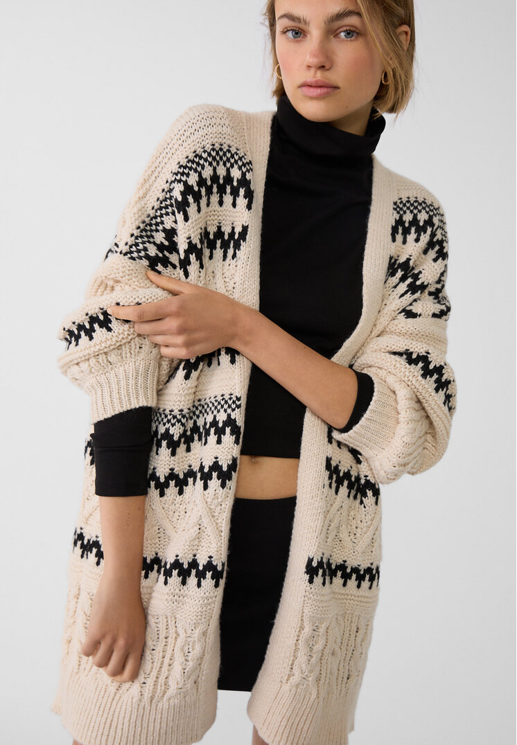 Stradivarius Jachetă Lungă Din Tricot Cu Jacquard Piatră M-L