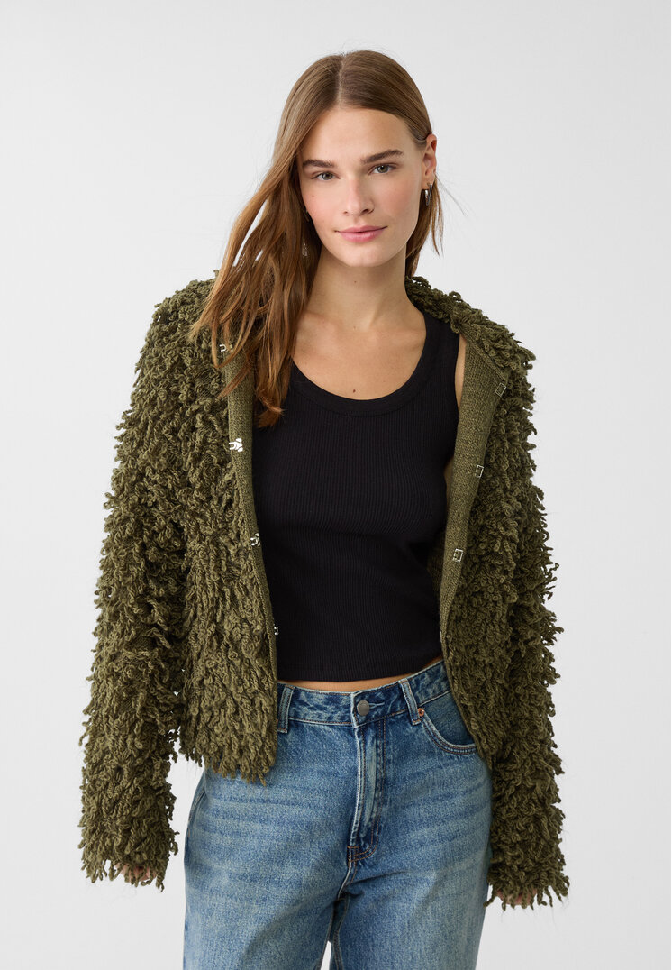Stradivarius Jachetă Din Tricot Cu Franjuri Kaki M-L