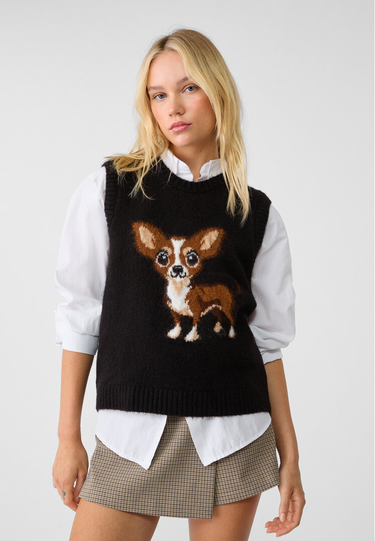 Stradivarius Vestă Din Tricot Cu Desen Negru S