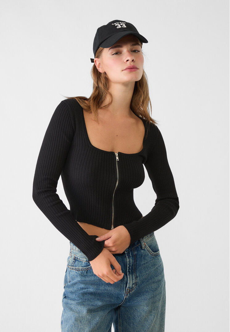 Stradivarius Pulover Din Tricot Cu Fermoar Negru M