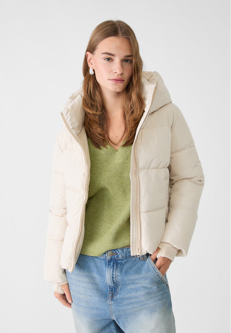 Stradivarius Geacă Matlasată Simplă Cu Glugă Piatră Xl