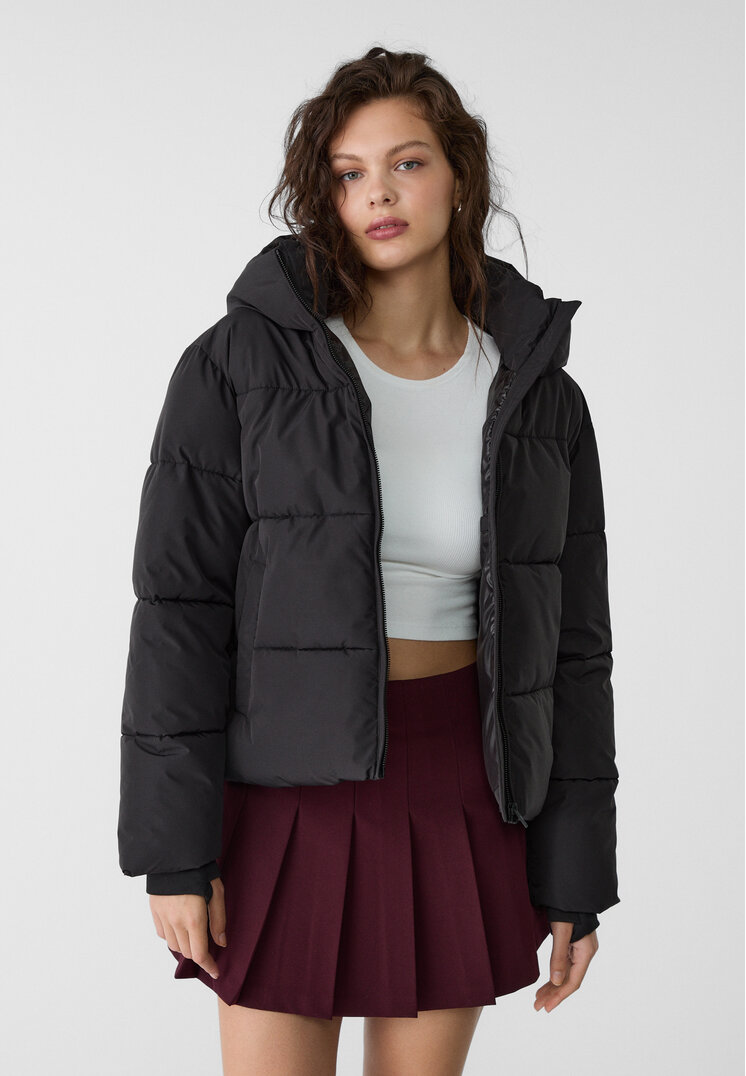 Stradivarius Geacă Matlasată Simplă Cu Glugă Negru Xl