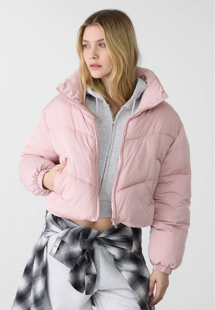 Stradivarius Geacă Scurtă Matlasată Roz Pastel Xs