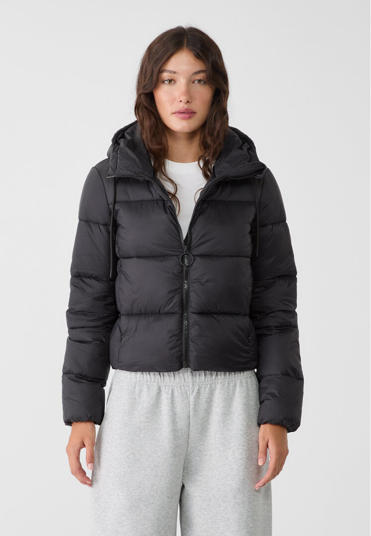 Stradivarius Geacă Matlasată Glugă Negru Xs