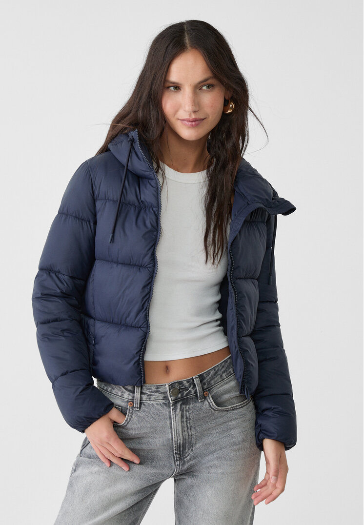 Stradivarius Geacă Matlasată Glugă Bleumarin S