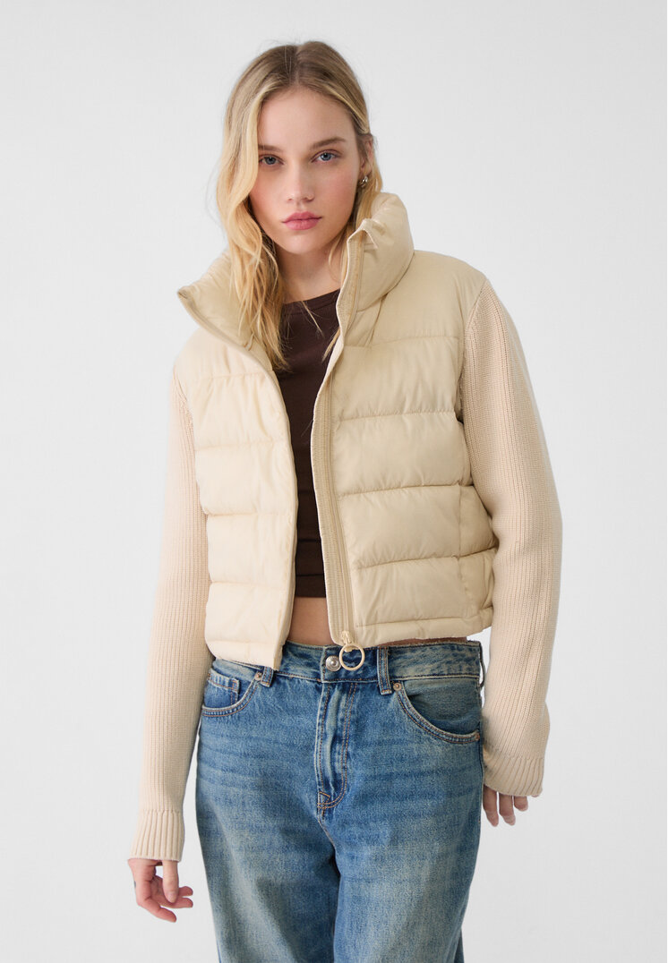 Stradivarius Geacă Matlasată Mâneci Tricot Ecru L