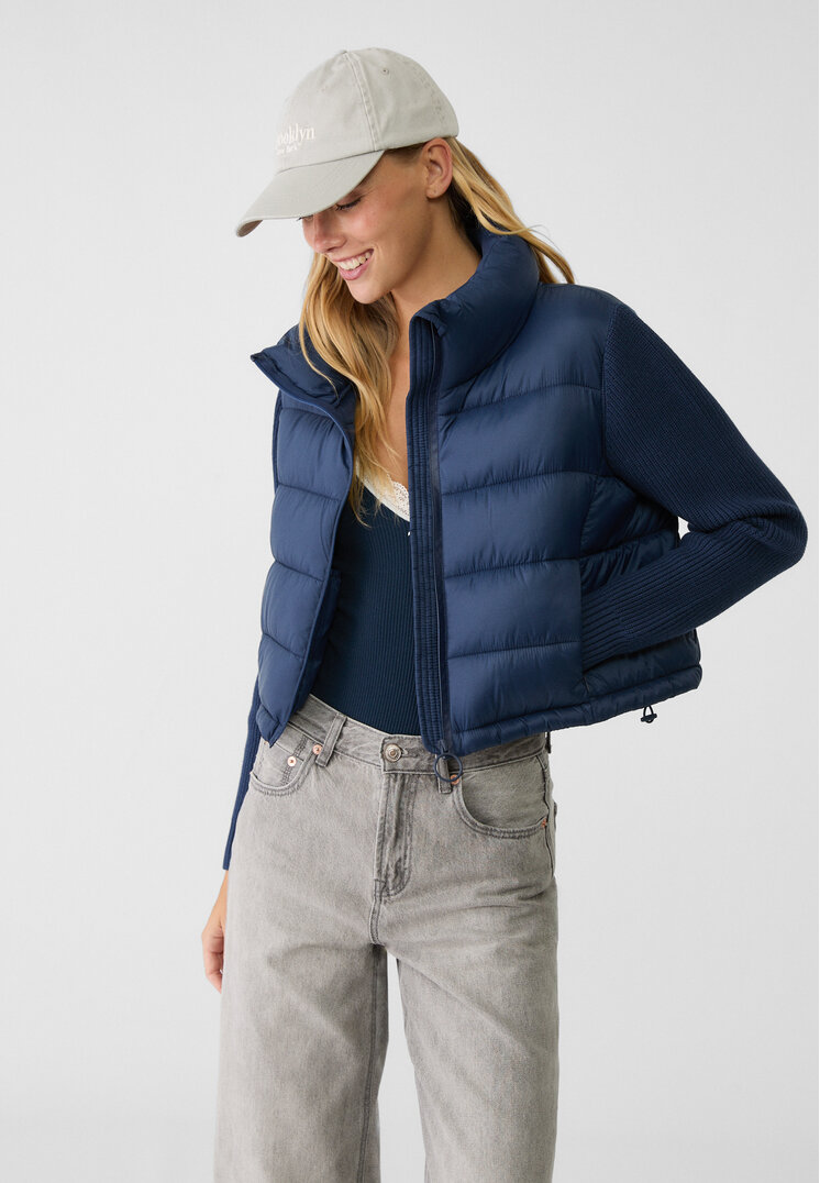 Stradivarius Geacă Matlasată Combinată Cu Tricot Bleumarin L