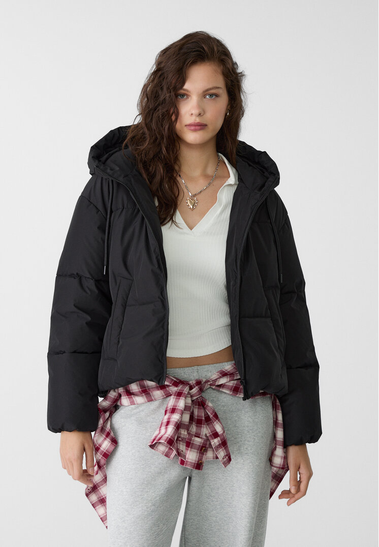 Stradivarius Geacă Matlasată Oversize Glugă Negru M