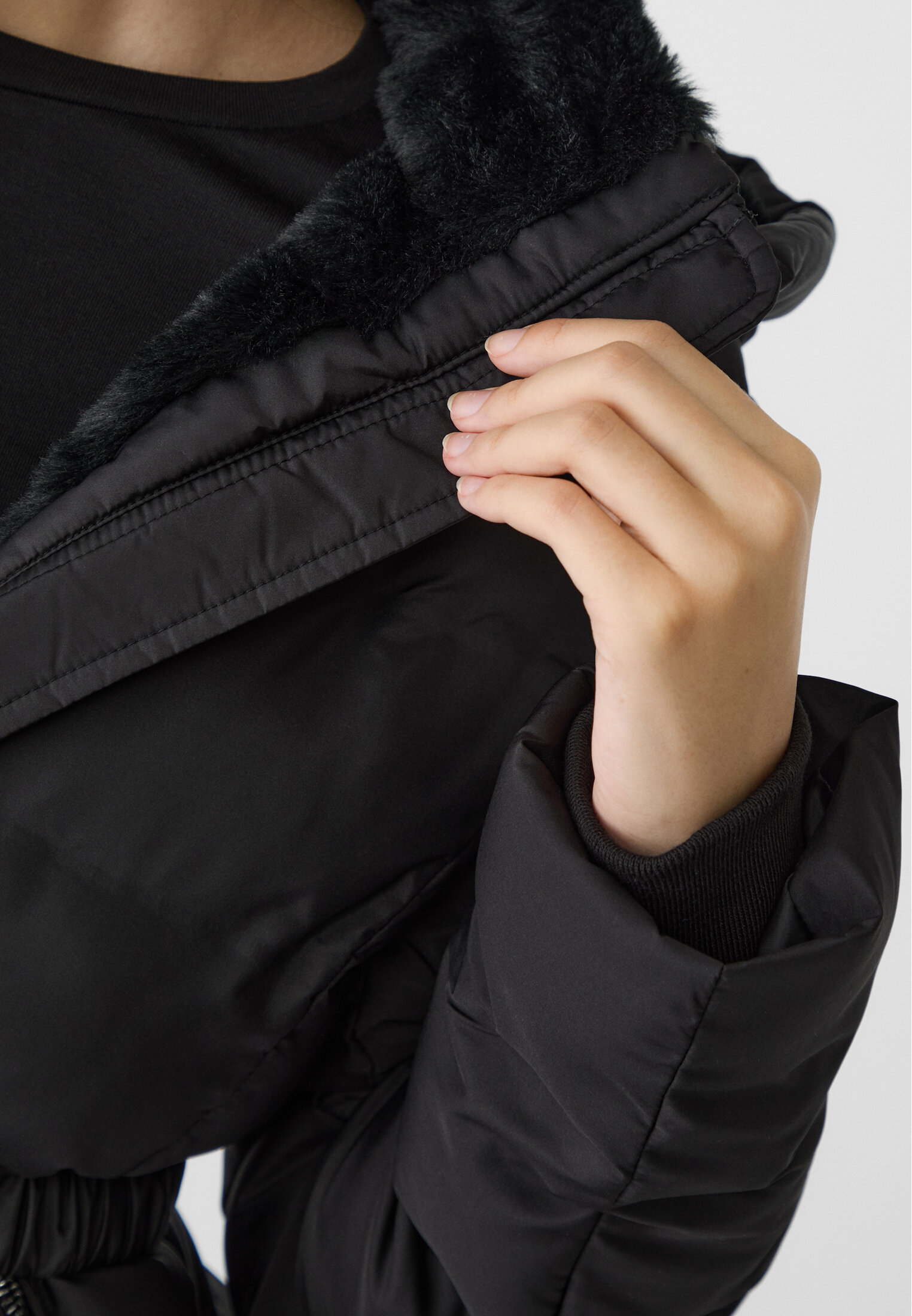 Black puffer jacket with belt on sale