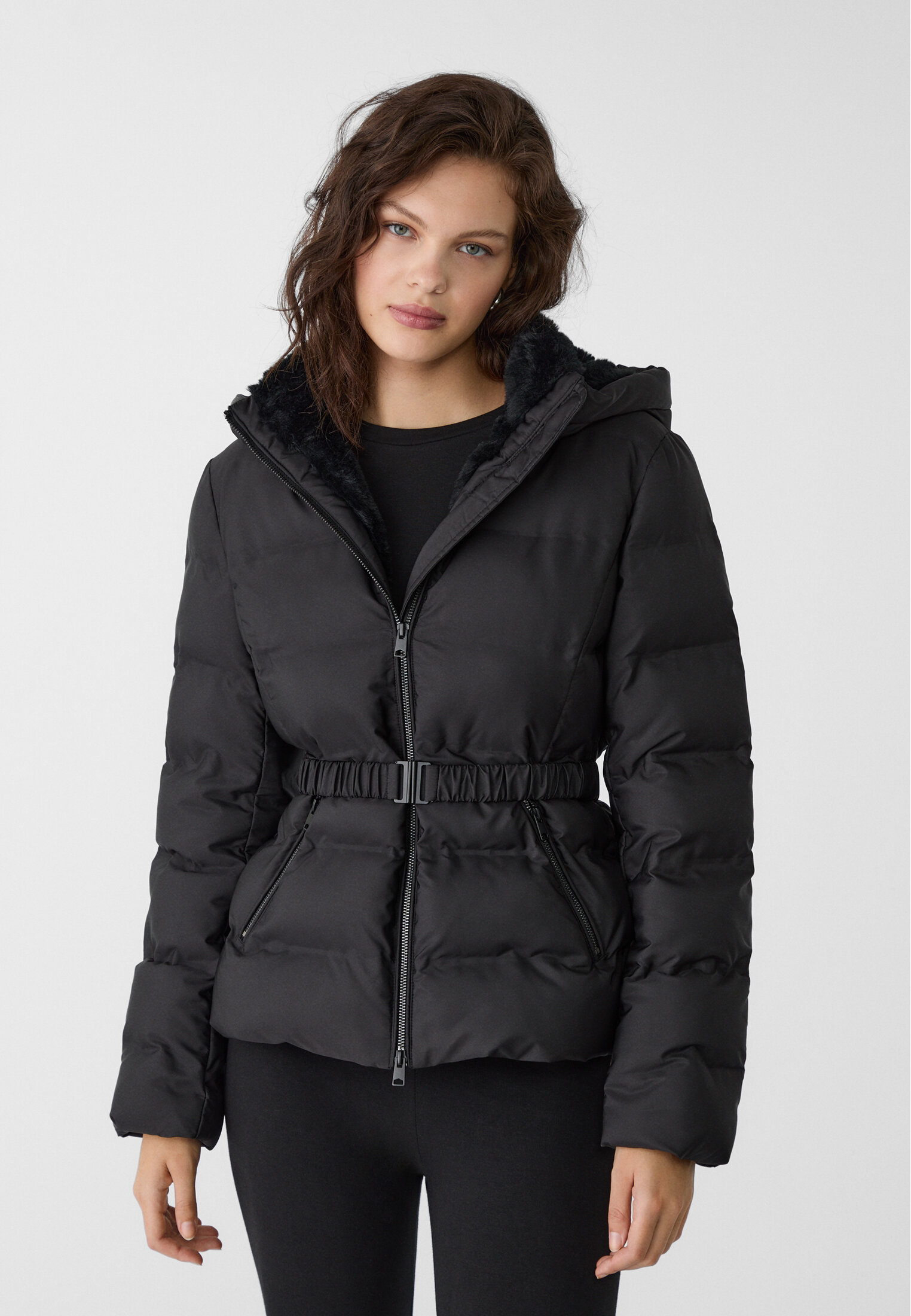 Hooded puffer coat with belt on sale