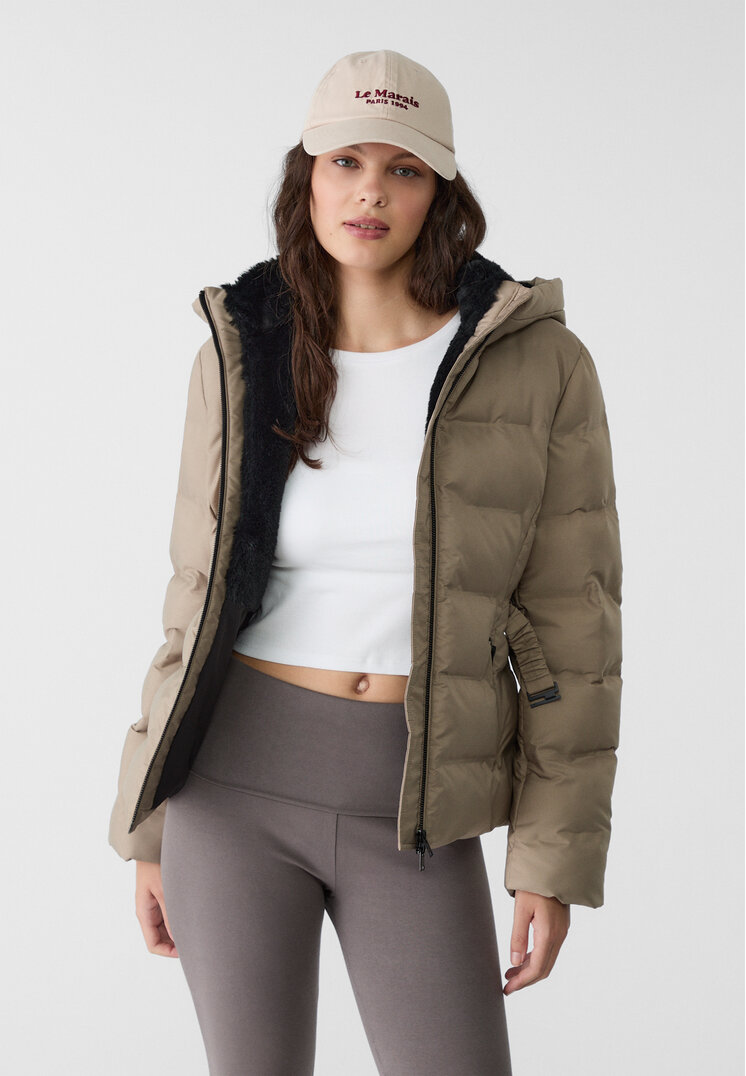 Stradivarius Hooded puffer jacket with belt  Beige S