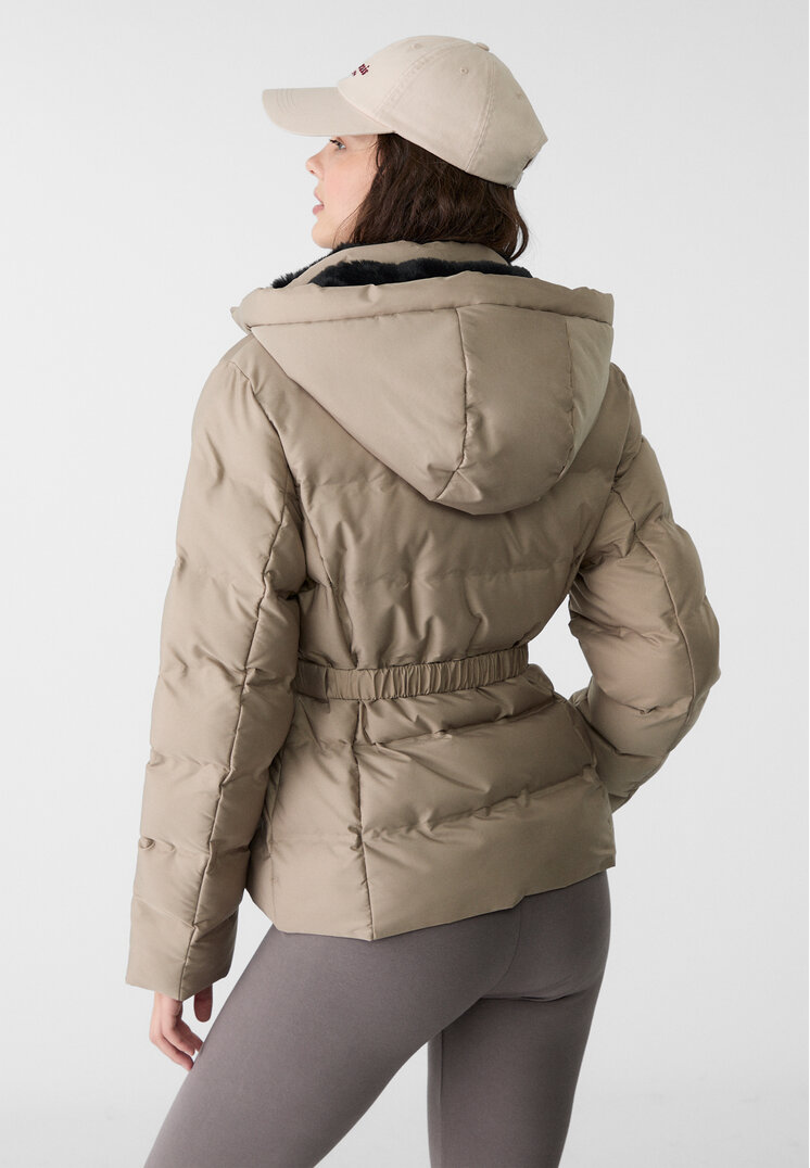 Stradivarius Hooded puffer jacket with belt  Beige S