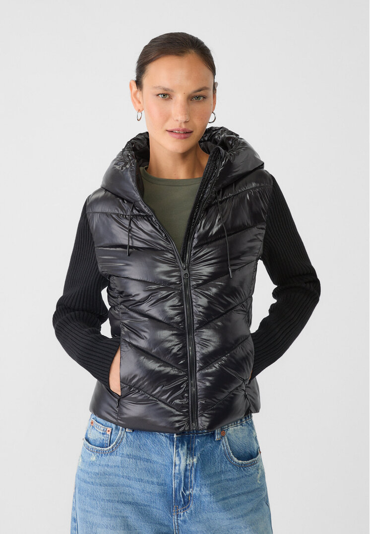 Stradivarius Geacă Matlasată Combinată Cu Tricot Negru Xs