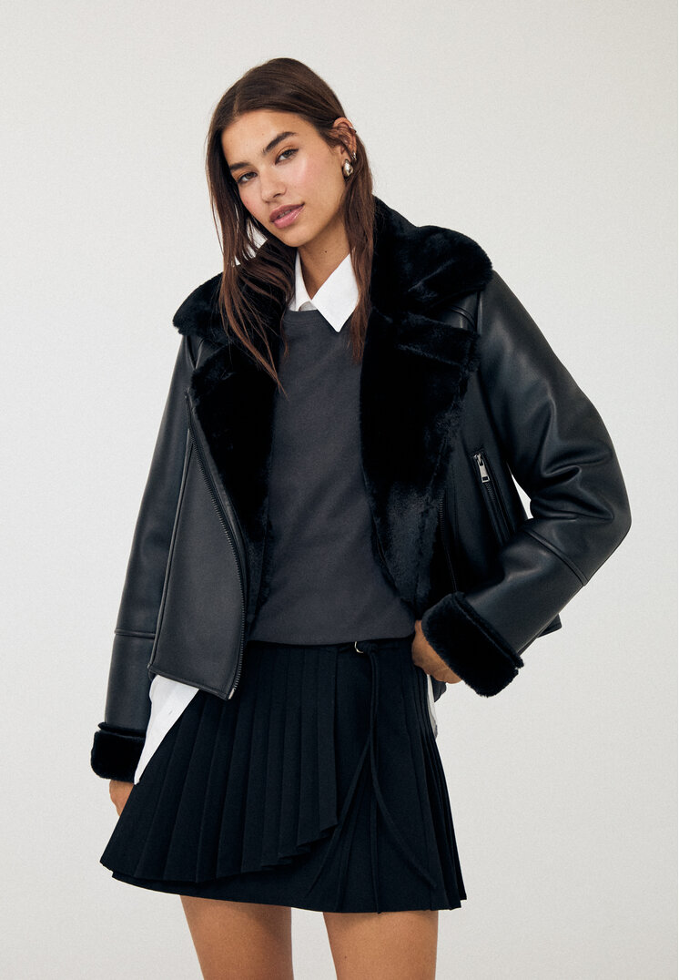 Stradivarius Geacă Biker Cu Două Fețe Și Aspect De Piele Negru M