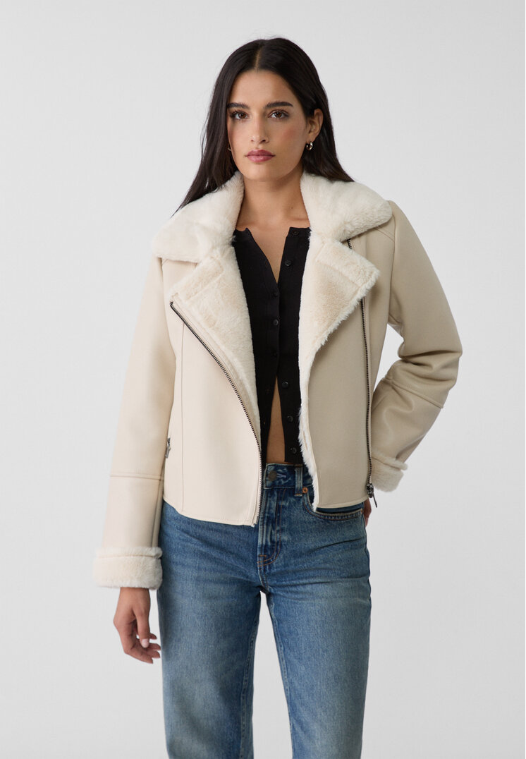 Stradivarius Geacă Biker Cu Două Fețe Și Aspect De Piele Ecru Xs