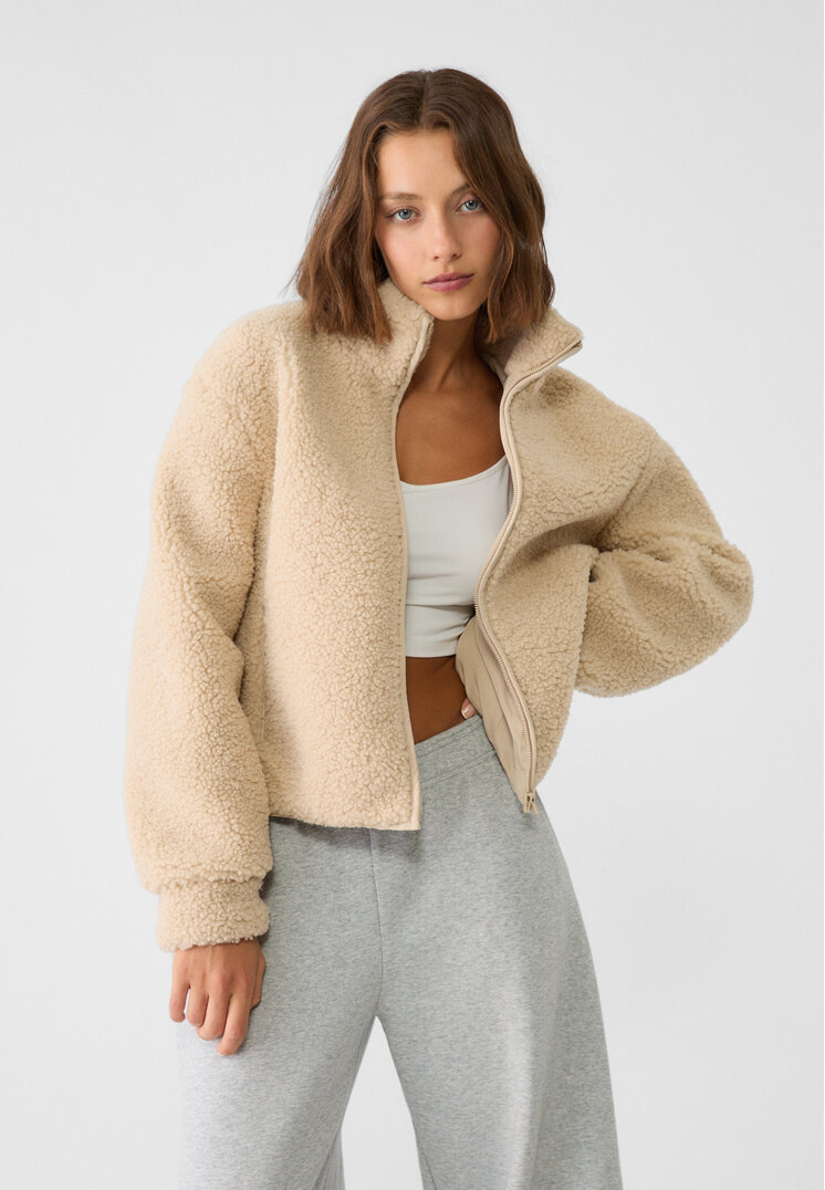 Stradivarius Geacă Blană De Miel Sintetică Și Fermoar Piatră Xl