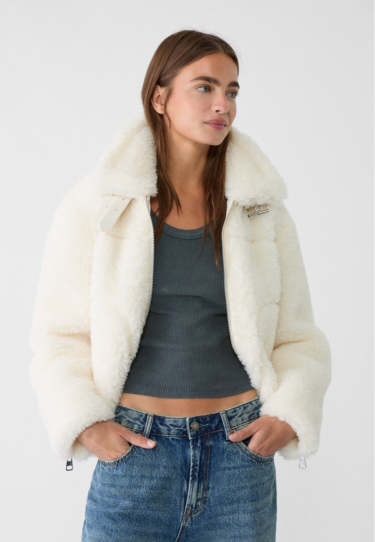 

Stradivarius Pilotenjacke aus Lammfellimitat Ecru XL