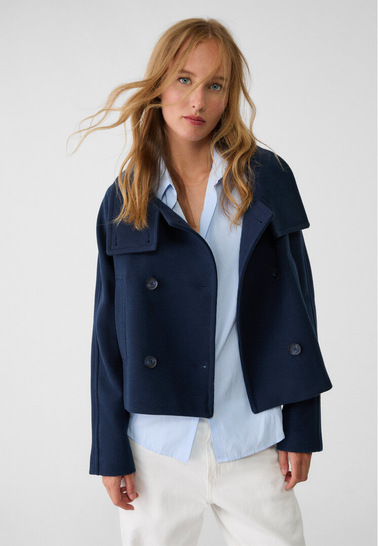Stradivarius Palton Scurt Petrecut Cu Guler Înalt Bleumarin Xl