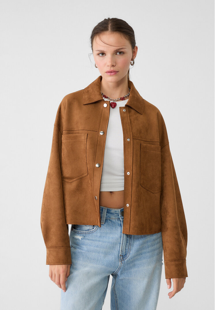 Stradivarius Overshirt Scurt Din Imitație De Piele De Căprioară Ocru Xs