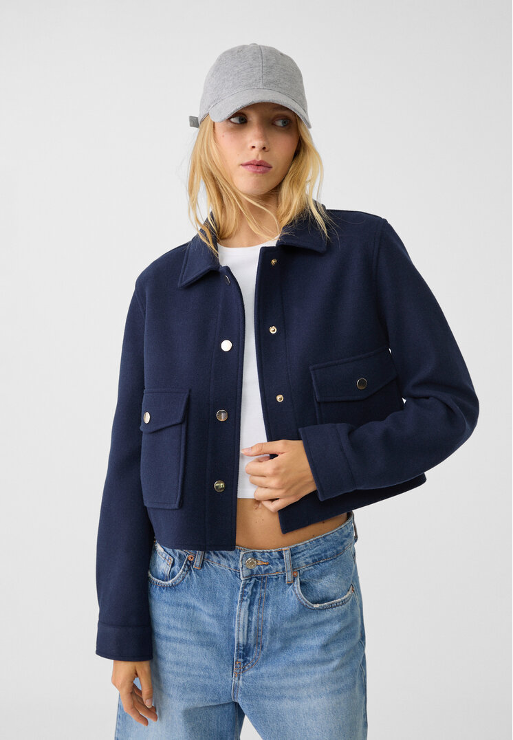 Stradivarius Geacă Scurtă Soft Bleumarin S