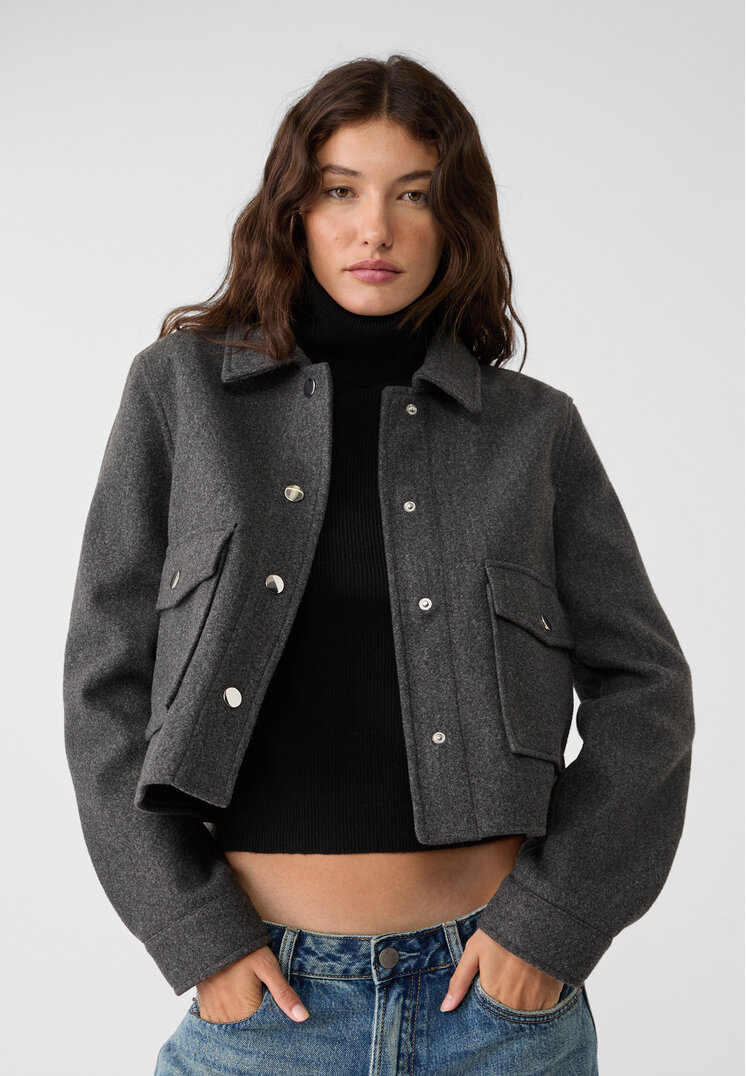 Stradivarius Geacă Scurtă Soft Gri Închis L