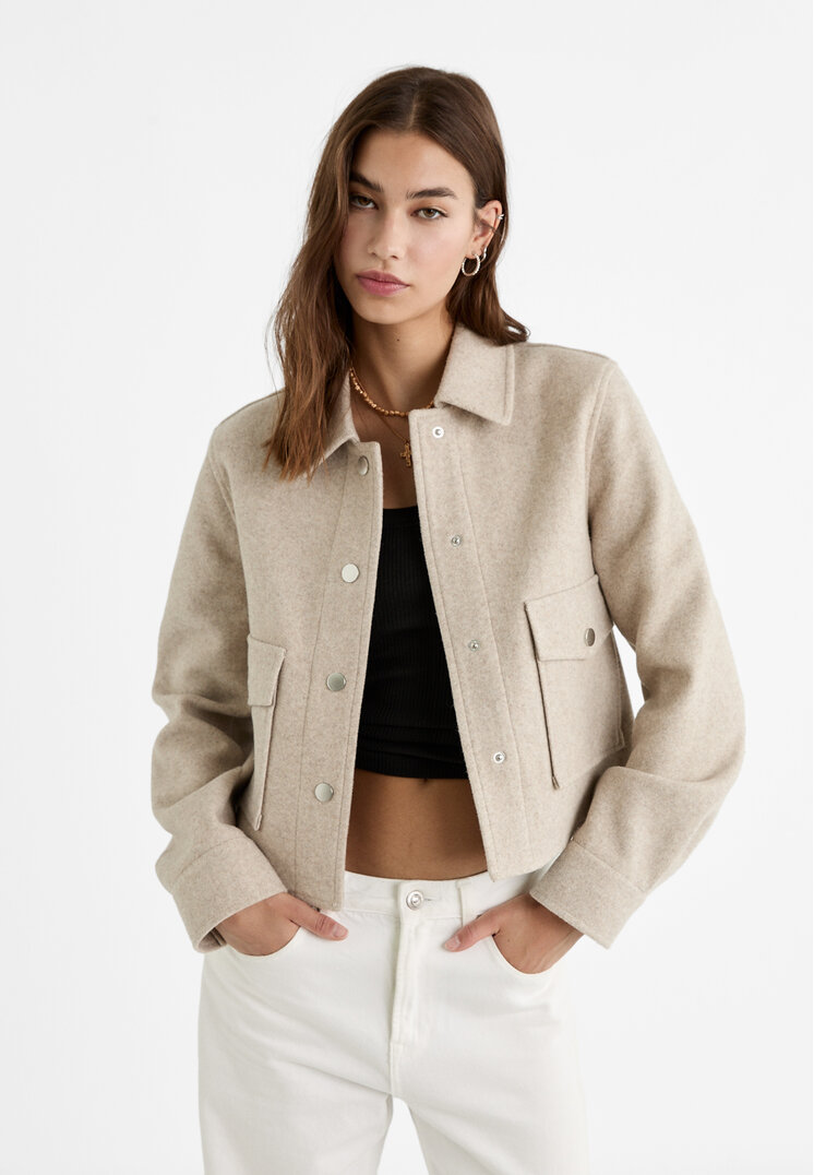 Stradivarius Geacă Scurtă Soft Bej Xs