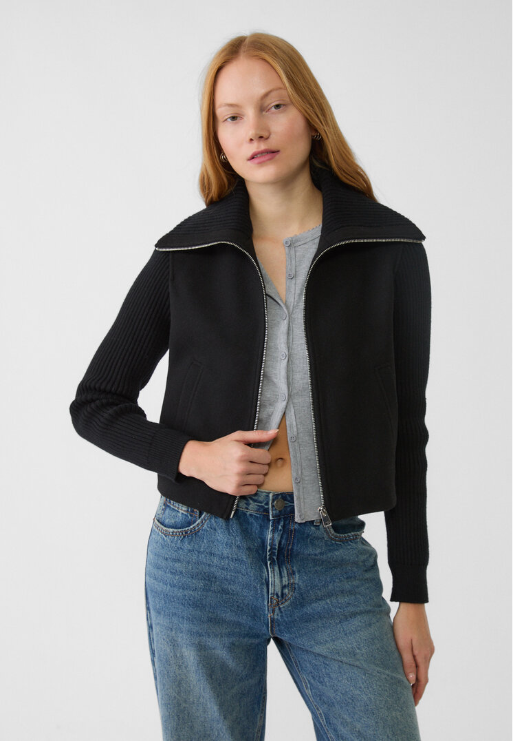 Stradivarius Geacă Soft Din Tricot Combinat Negru Xs