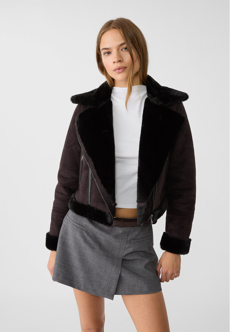 Stradivarius Geacă Biker Scurtă Cu Două Fețe Negru L