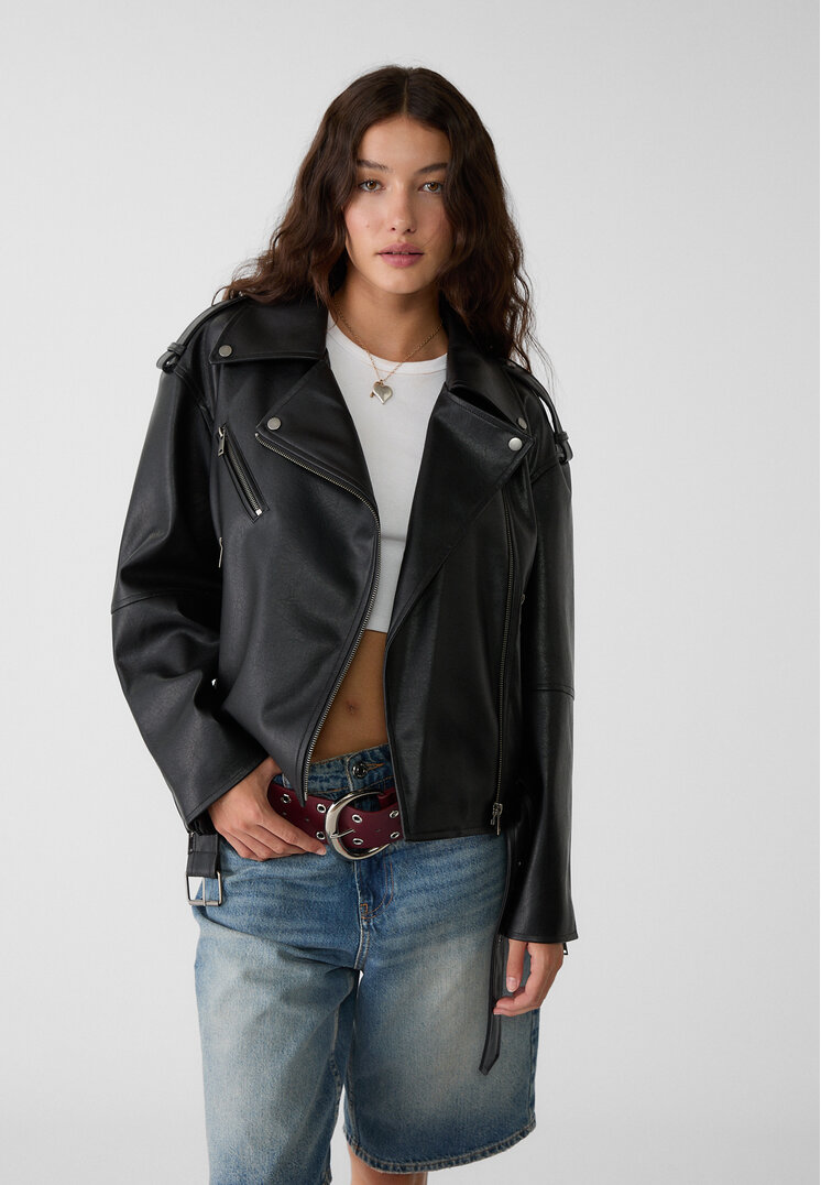 Stradivarius Geacă Biker Oversize Din Imitație De Piele Negru S
