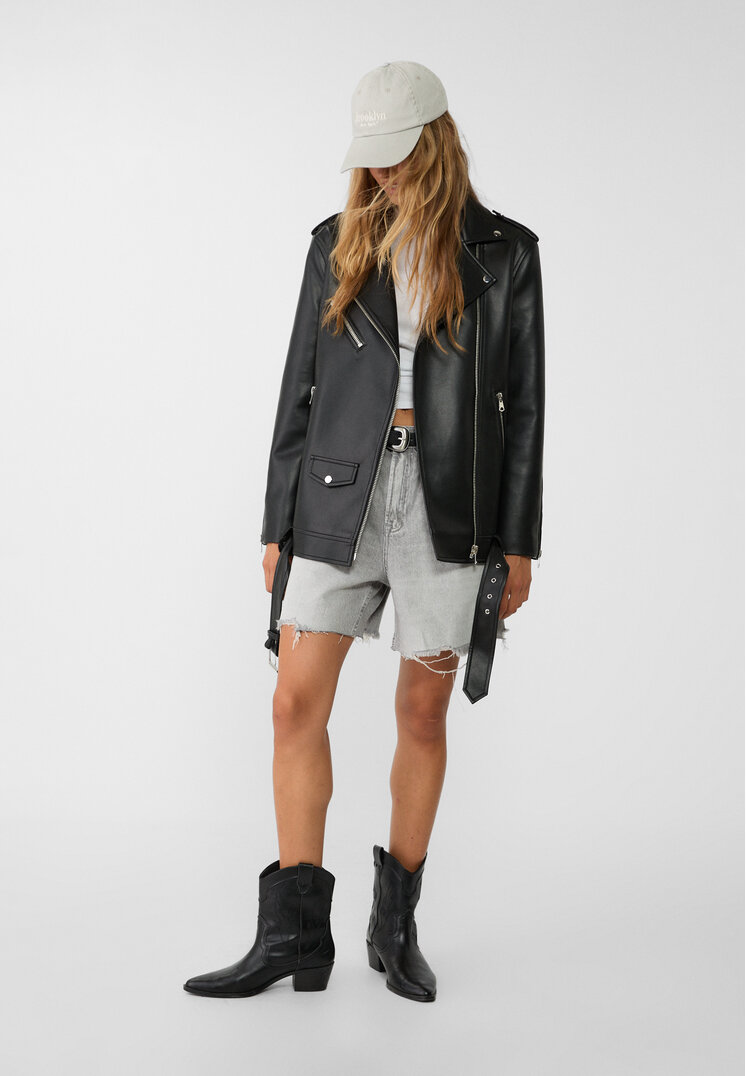 Stradivarius Geacă Biker Oversize Din Imitație De Piele Negru Xs