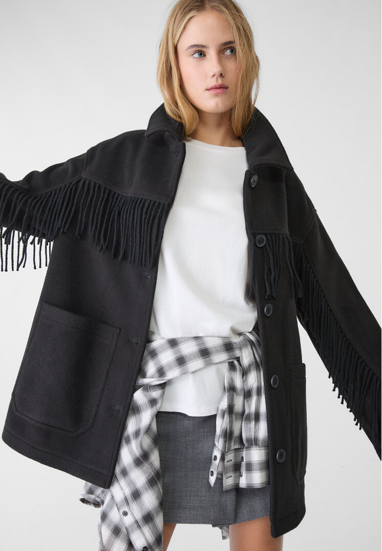 Stradivarius Overshirt Lung Soft Cu Franjuri Negru S