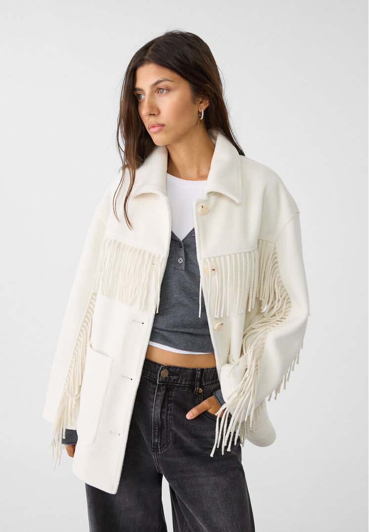 Stradivarius Overshirt Lung Soft Cu Franjuri Ecru Xl