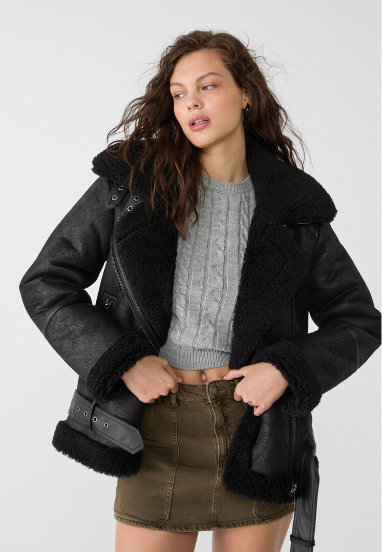 Stradivarius Geacă Biker Lungă, Cu Două Fețe Negru M
