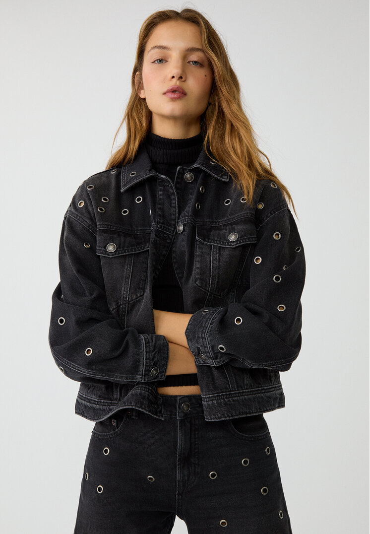 Stradivarius Geacă Din Denim Cu Ocheți Denim Negru Xs
