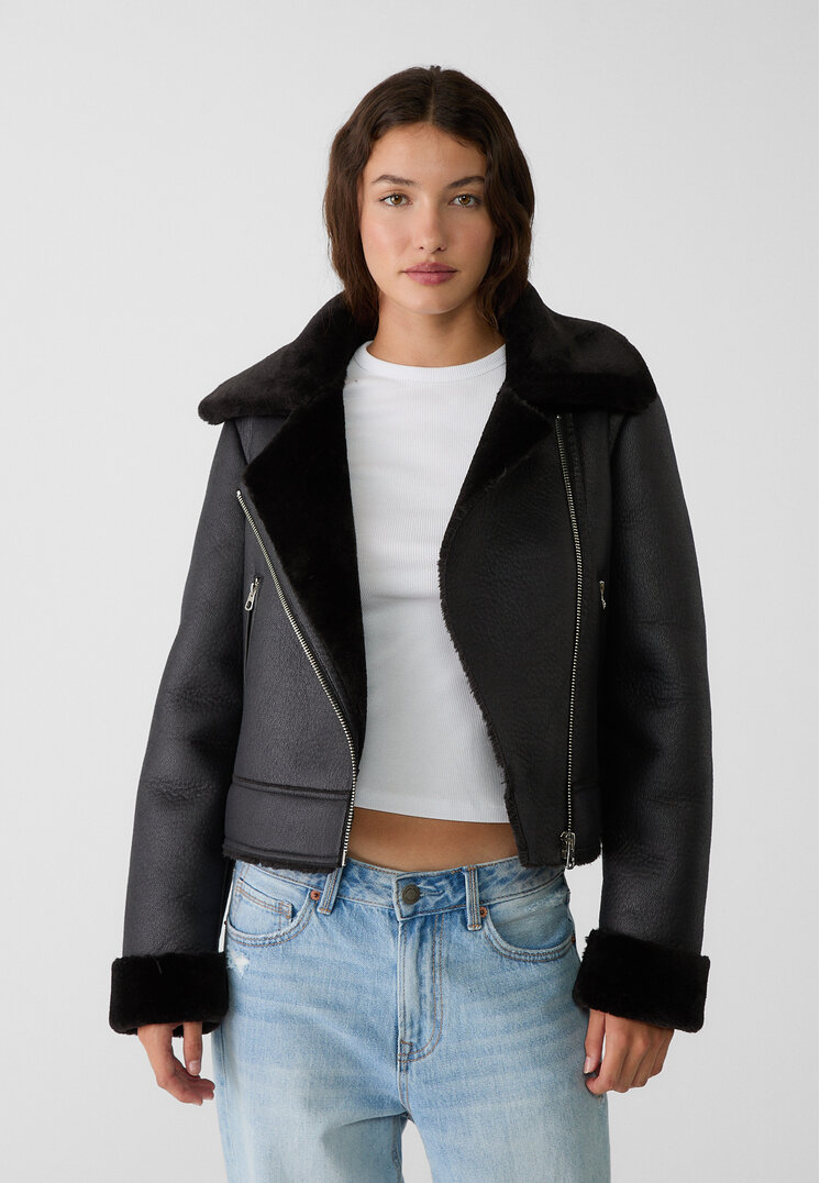 Stradivarius Geacă Biker Cu Două Fețe Și Aspect De Piele Negru Xl