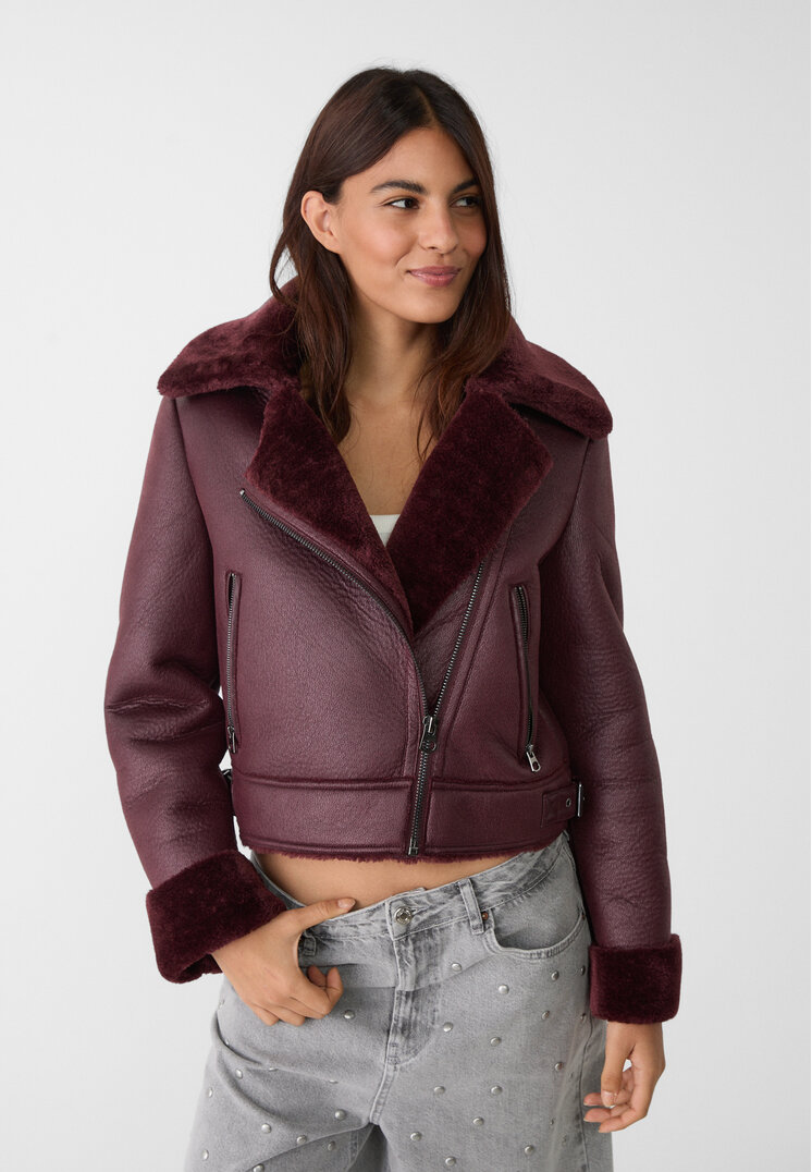 Stradivarius Geacă Biker Cu Două Fețe Și Aspect De Piele Grena L