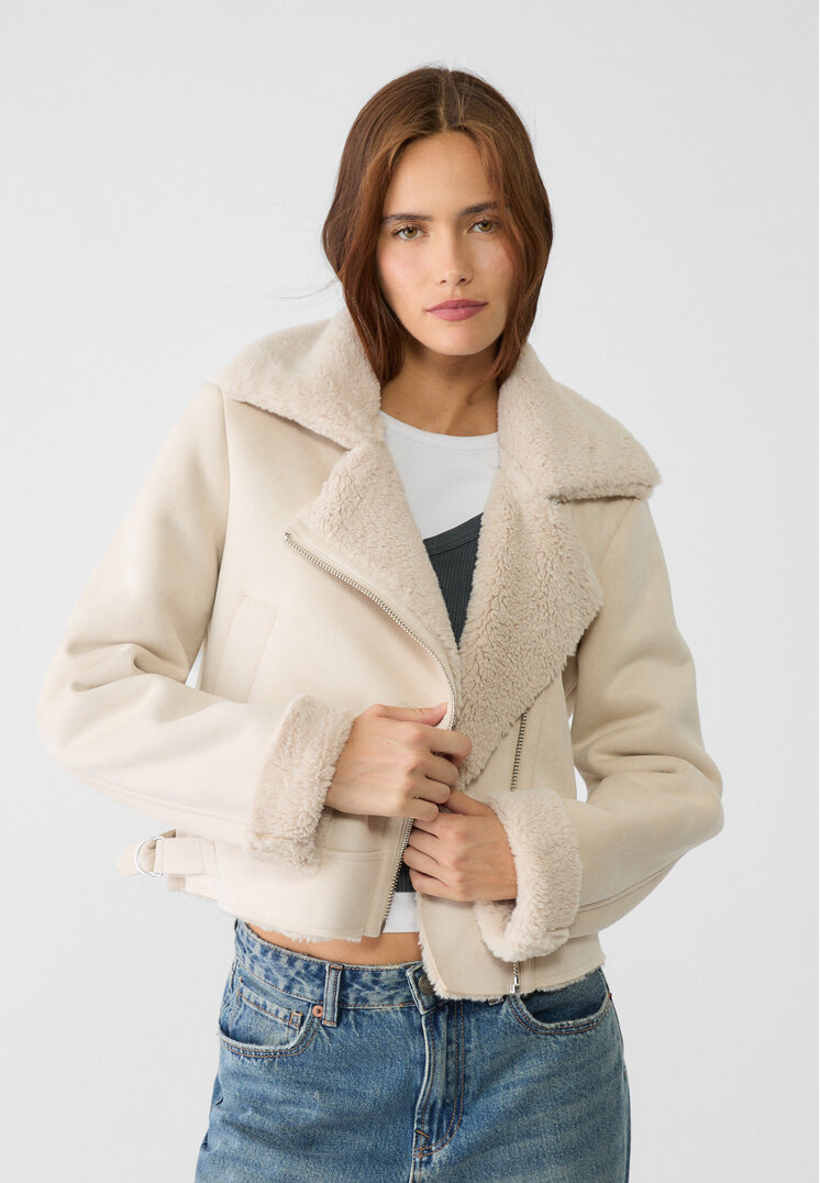 Stradivarius Geacă Biker Scurtă Cu Două Fețe Și Blană Moale Transparent Xl