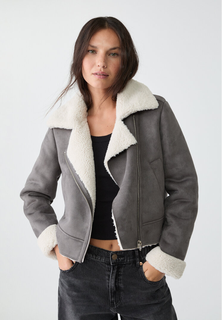 Stradivarius Geacă Biker Scurtă Cu Două Fețe Și Blană Moale Gris Amestec S
