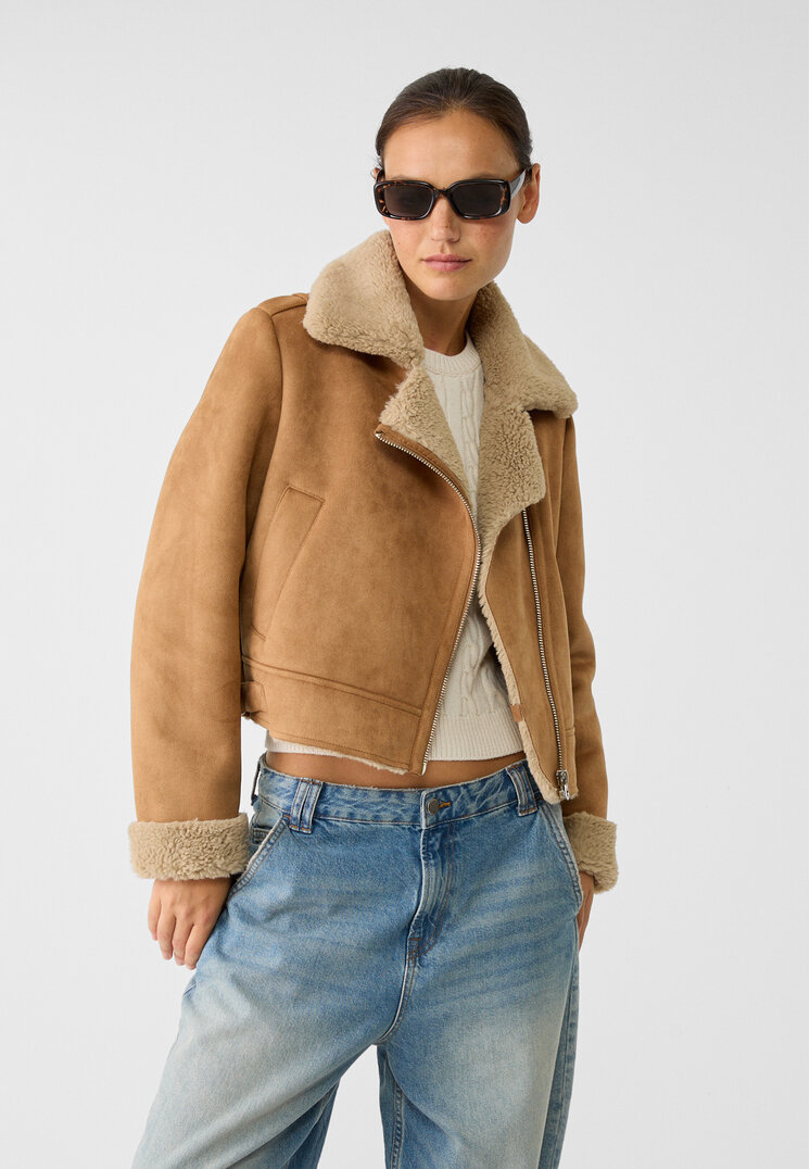 Stradivarius Geacă Biker Scurtă Cu Două Fețe Și Blană Moale Ocru L