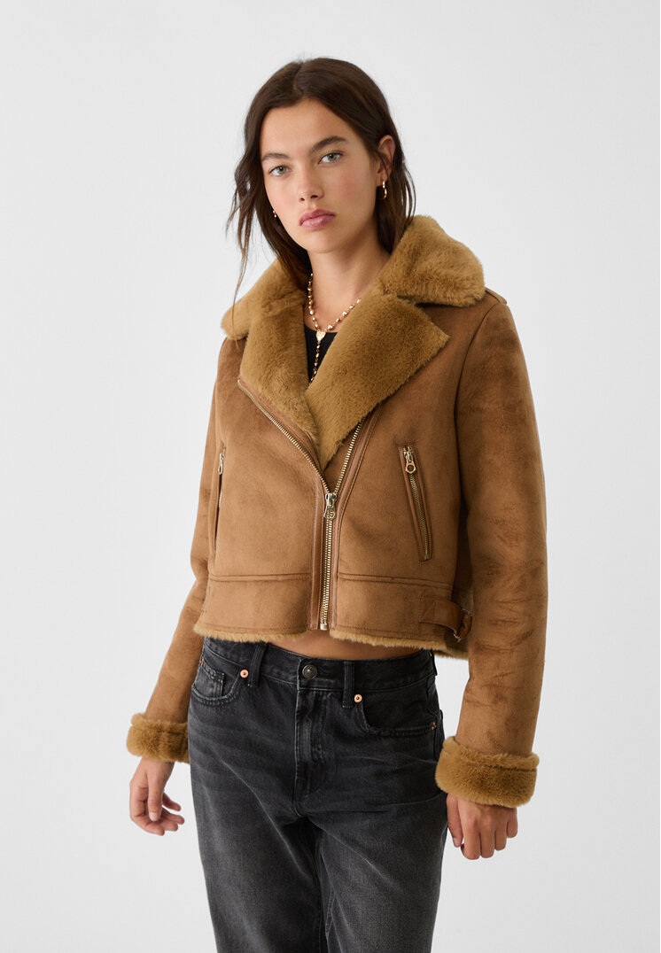 Stradivarius Geacă Biker Scurtă Cu Două Fețe Și Blană Moale Ocru Închis S