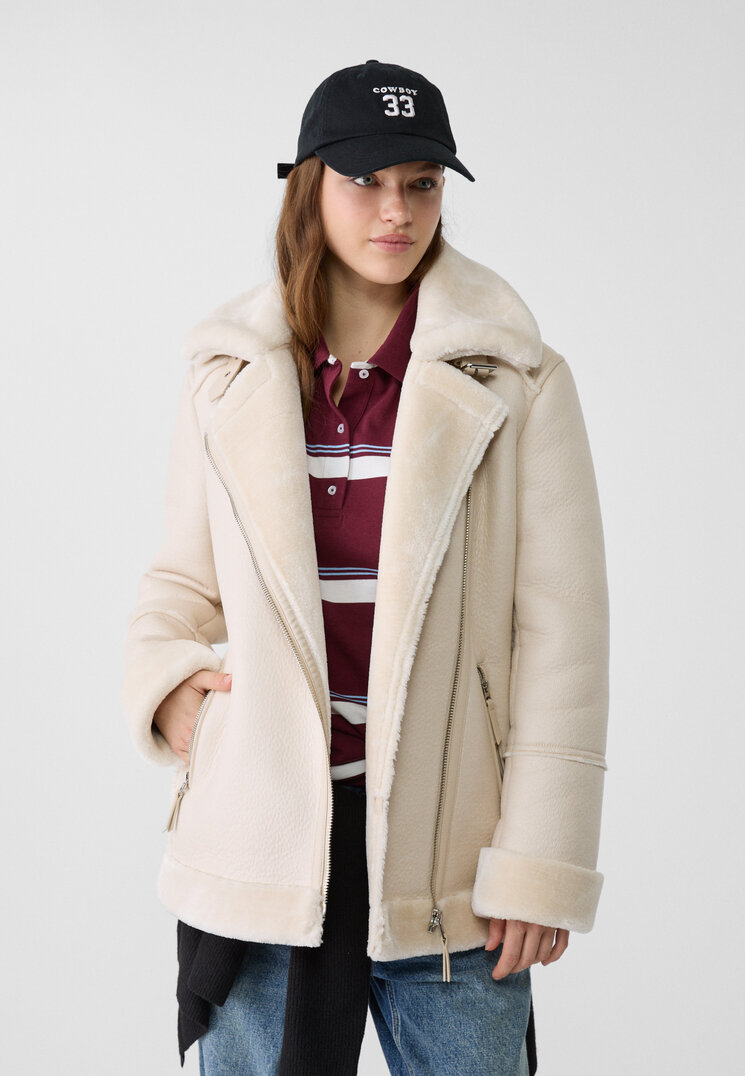 Stradivarius Geacă Biker Cu Două Fețe Ecru Xs