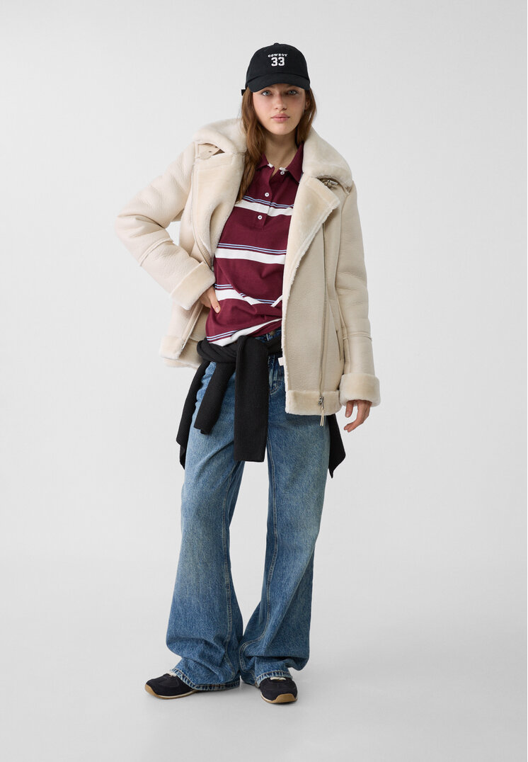 Stradivarius Faux shearling biker jacket Ecru L