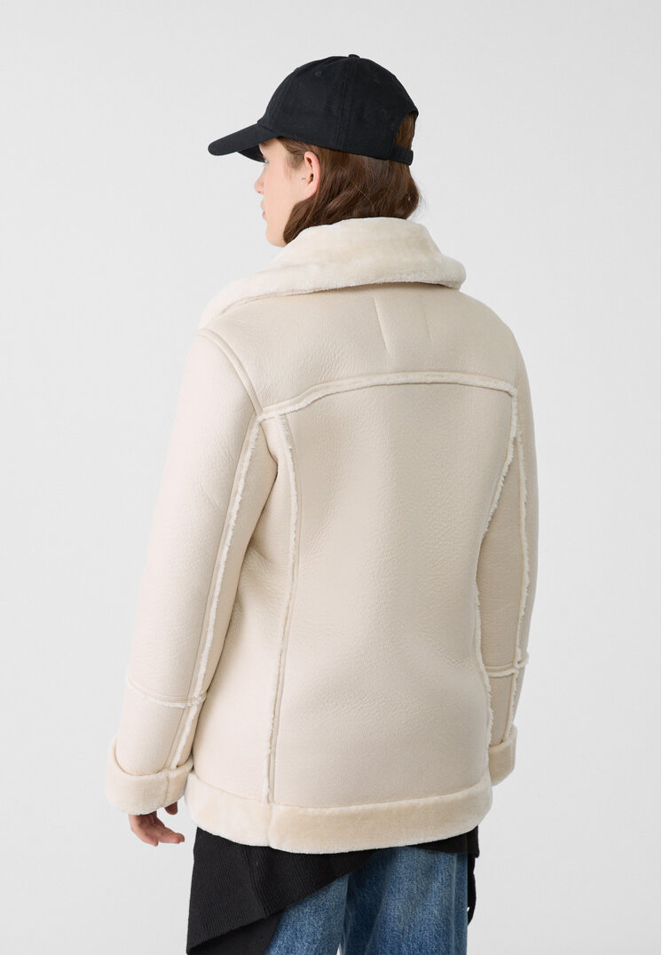 Stradivarius Faux shearling biker jacket Ecru L