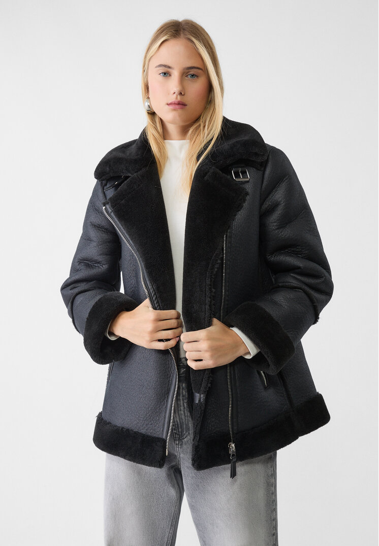 Stradivarius Geacă Biker Cu Două Fețe Și Blană Moale Negru M