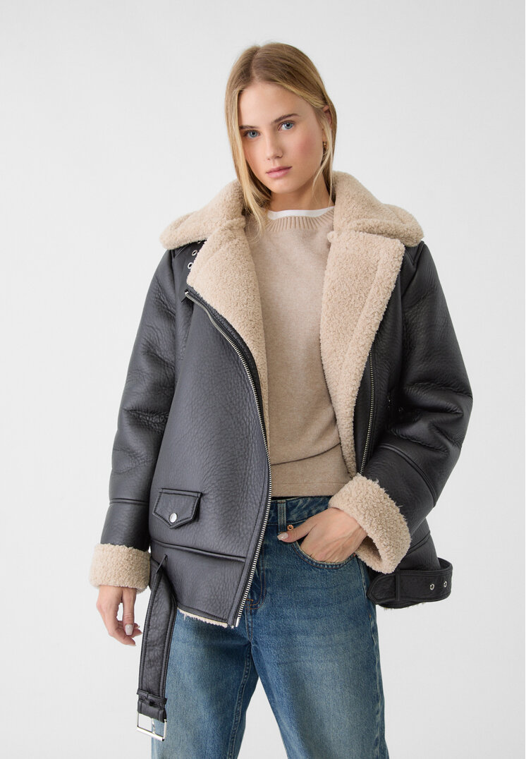 Stradivarius Geacă Biker Cu Două Fețe Și Blană Contrastantă Negru M