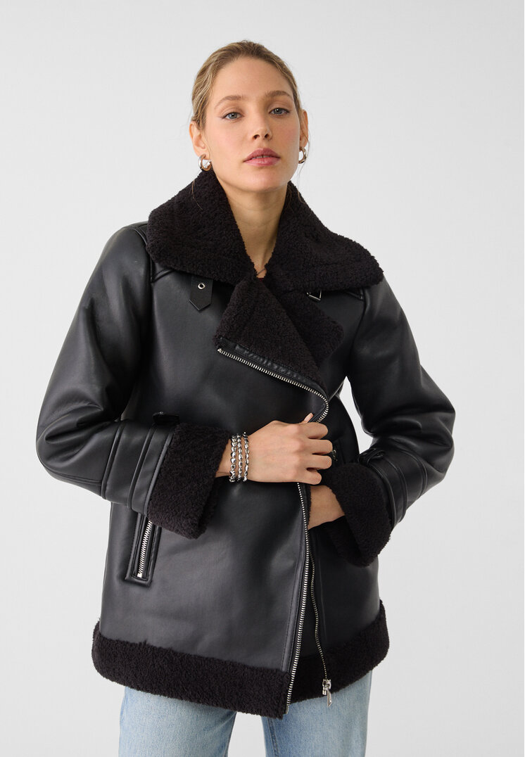 Stradivarius Geacă Biker Cu Două Fețe Și Imitație De Piele Negru M