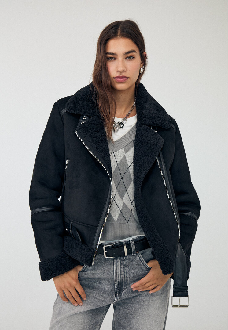 Stradivarius Geacă Biker Cu Două Fețe Din Imitație De Piele De Căprioară Negru Xs