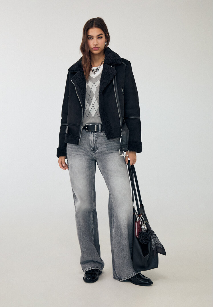 Stradivarius Giubbotto biker double face effetto camoscio  Nero M